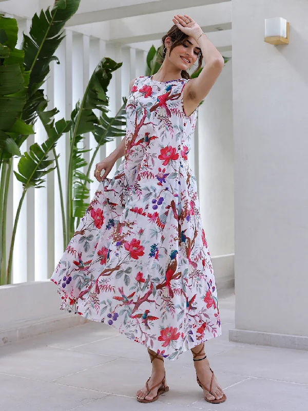 Floral Print A-Line Midi Dress Fashionable Pleated Midi Dress
