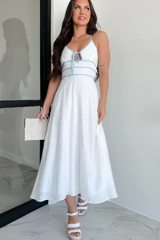 Seaside Symphony Halter Midi Dress (White/Blue) Comfortable Knitwear Midi Dress