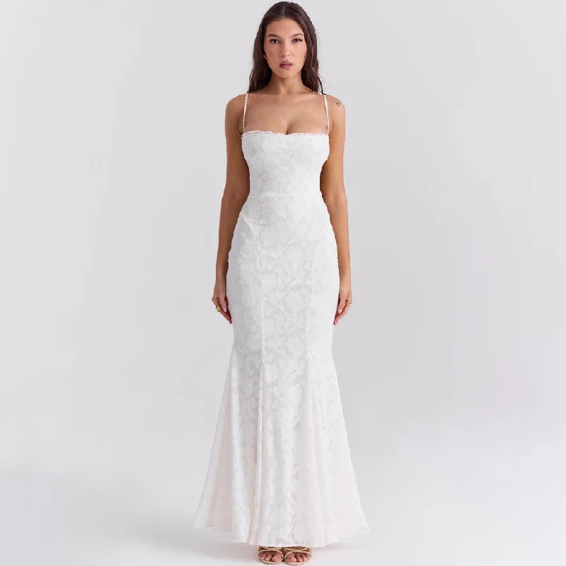 Sexy Frill Square Neck Lace Up Backless Jacquard Floral Fishtail Slip Maxi Dress Elegant Boho Maxi Dress Sexy Frill Square Neck Lace Up Backless Jacquard Floral Fishtail Slip Maxi Dress Elegant Boho Maxi Dress