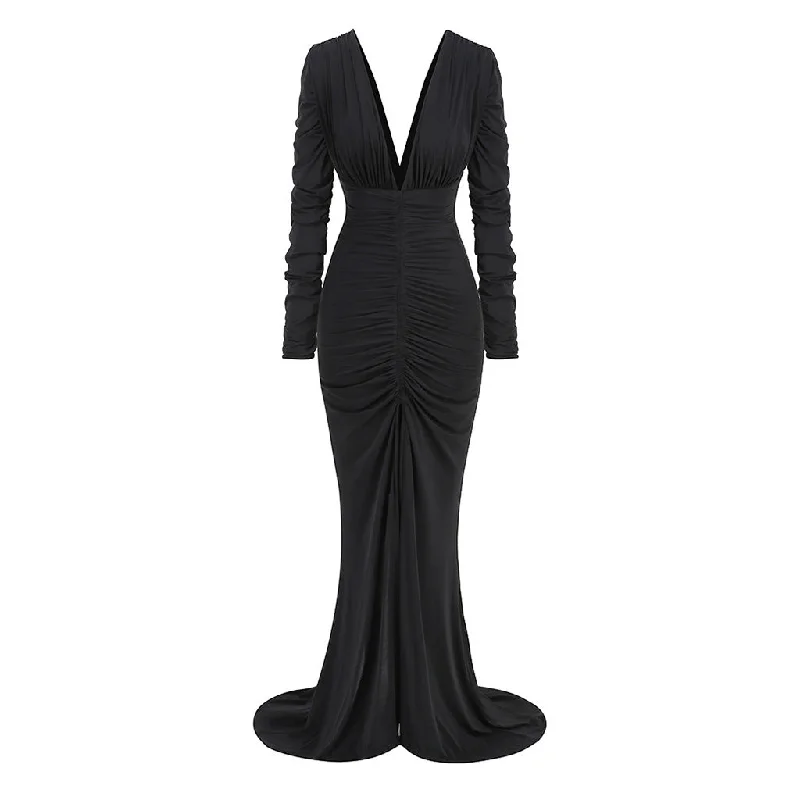 Sexy Plunge V Neck Long Sleeve Ruched Split Train Fishtail Maxi Dress Comfortable Bohemian Maxi Dress Sexy Plunge V Neck Long Sleeve Ruched Split Train Fishtail Maxi Dress Comfortable Bohemian Maxi Dress