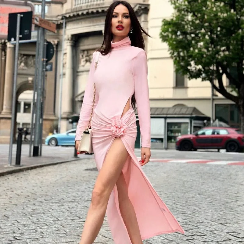 Sexy Rosette Corsage High Neck Long Sleeve Ruched Split Cutout Maxi Dress Casual Maxi Dress with Pockets Sexy Rosette Corsage High Neck Long Sleeve Ruched Split Cutout Maxi Dress Casual Maxi Dress with Pockets