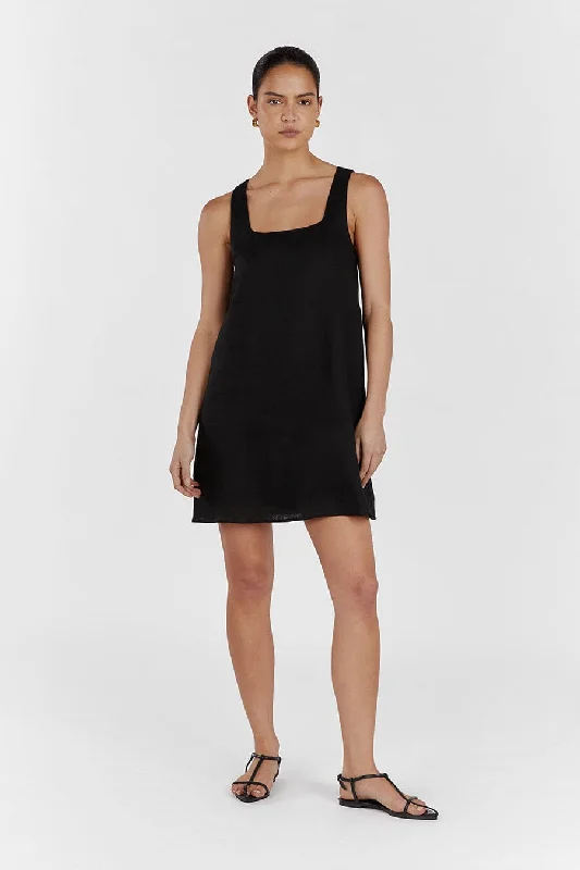 SHANNON BLACK LINEN MINI DRESS Fashionable Button-Front Mini Dress