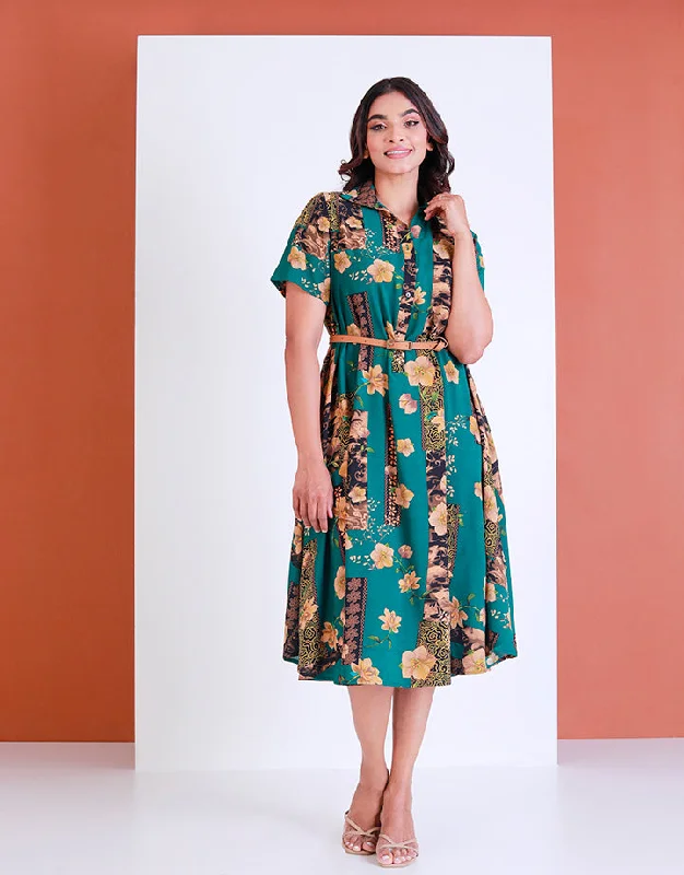 Shirt Collar Printed Midi Dress Elegant Satin Slip Midi Dress