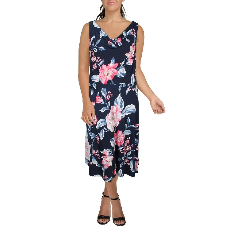 Signature By Robbie Bee Womens Plus Floral Print Drape Neck Midi Dress