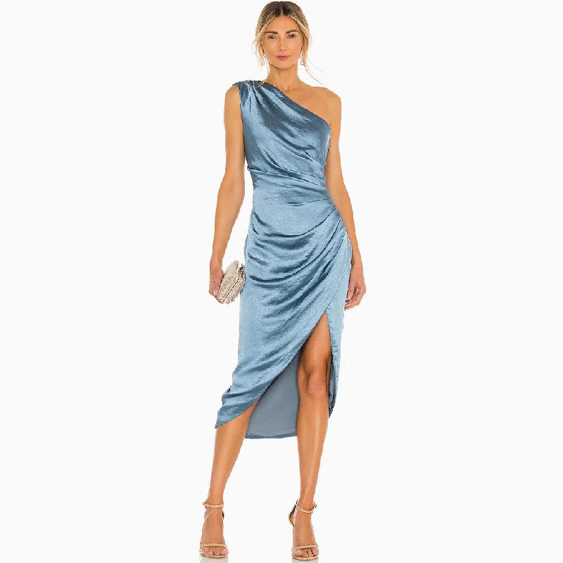 Silky High Slit Ruched One Shoulder Satin Cocktail Midi Dress - Blue Trendy Boho Midi Dress Silky High Slit Ruched One Shoulder Satin Cocktail Midi Dress - Blue Trendy Boho Midi Dress