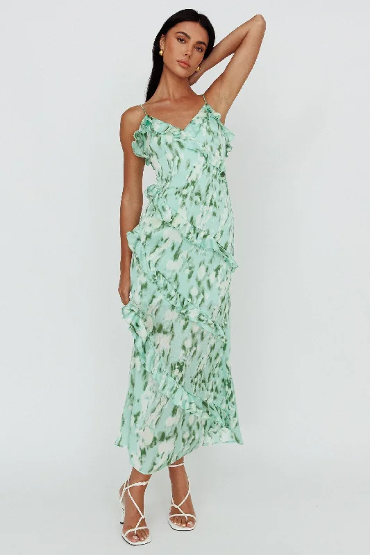 Silvana Frill Trim Midi Dress Print Green Trendy Long Sleeve Midi Dress
