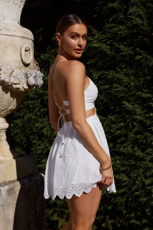 Sloane Eyelet Embroidery Cut-Out Mini Dress White Casual Mini Dress with Pockets