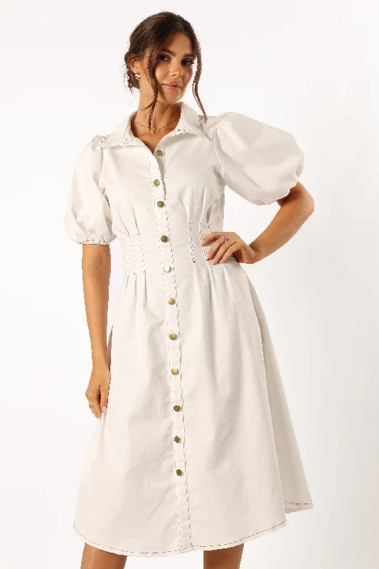 Sollie Puff Sleeve Midi Dress - White Comfortable Casual Midi Dress