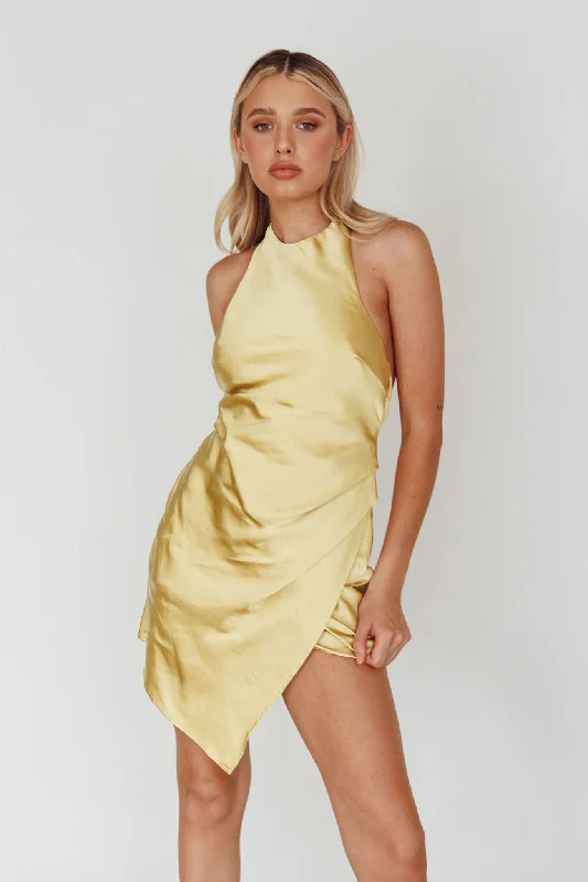 Sonoma Halterneck Faux Wrap Twist Back Mini Dress Lemon