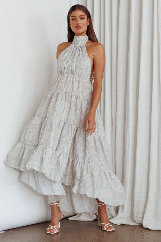 South Haven Halter Midi Dress Floral Beige Stylish Wraparound Midi Dress