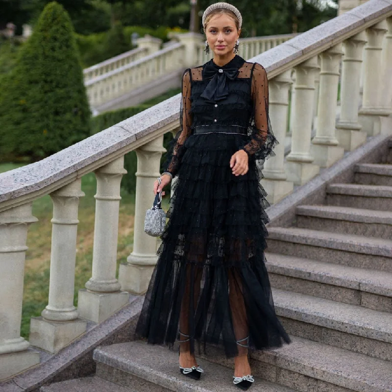 Sparkly Crystal Bow Collared Bishop Sleeve Dotted Tulle Ruffle Tiered Maxi Dress Comfortable Ruffle Maxi Dress Sparkly Crystal Bow Collared Bishop Sleeve Dotted Tulle Ruffle Tiered Maxi Dress Comfortable Ruffle Maxi Dress