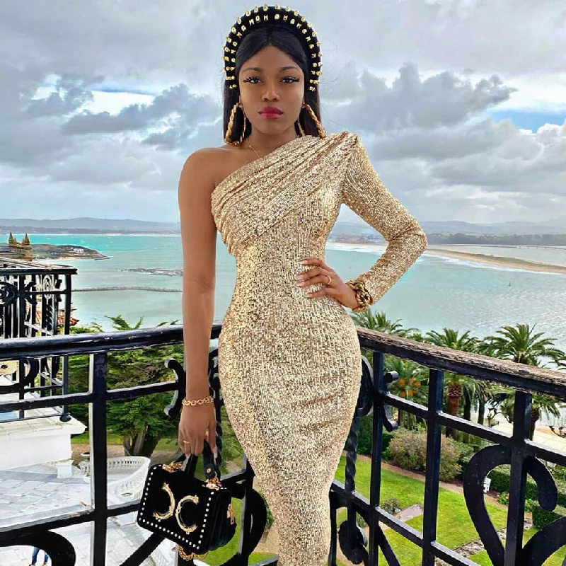 Sparkly One Shoulder Long Sleeved Bodycon Sequin Midi Dress - Gold Elegant V-Neck Midi Dress Sparkly One Shoulder Long Sleeved Bodycon Sequin Midi Dress - Gold Elegant V-Neck Midi Dress
