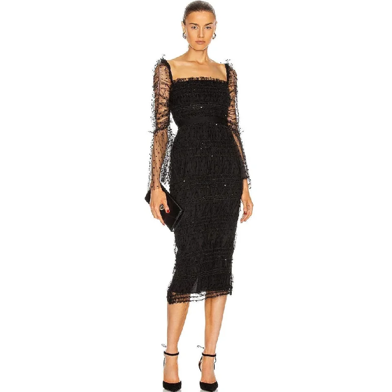 Sparkly Sequin Flocked Dotted Tulle Cocktail Midi Dress - Black Cozy Ribbed Knit Midi Dress
