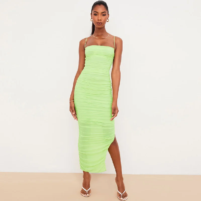 Square Neck High Slit Ruched Mesh Cocktail Party Maxi Dress - Green Comfortable T-Shirt Maxi Dress
