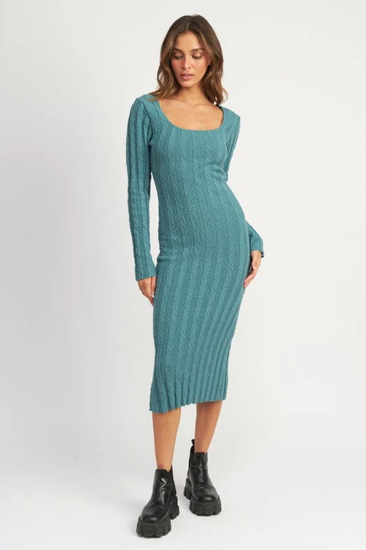 SQUARE NECK RIBBED MIDI DRESS Comfortable Floral Print Midi Dress