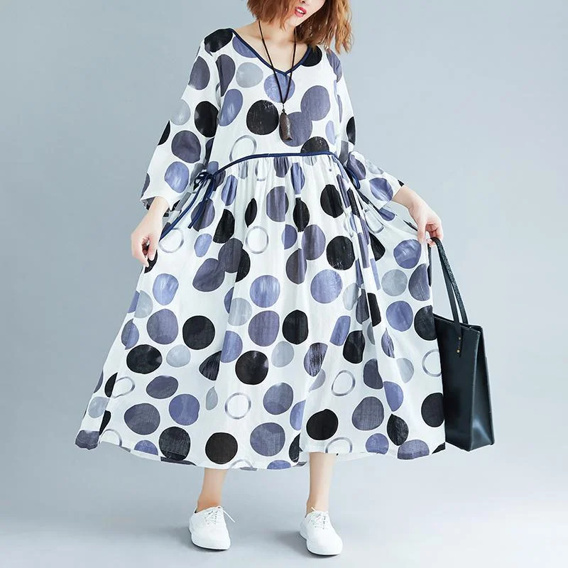 stylish navy dotted long cotton dress Loose fitting v neck patchwork cotton maxi dress casual long sleeve dresses Comfortable Long-Sleeve Maxi Dress stylish navy dotted long cotton dress Loose fitting v neck patchwork cotton maxi dress casual long sleeve dresses Comfortable Long-Sleeve Maxi Dress