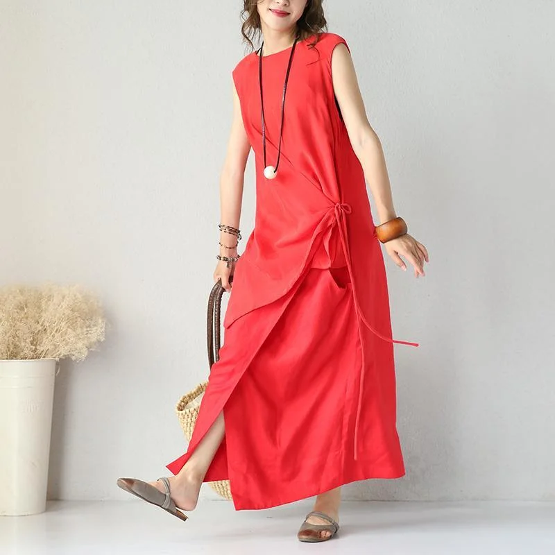 stylish red silk linen dress Loose fitting O neck clothing dress 2018 sleeveless tie waist maxi dresses Fashionable Open-Back Maxi Dress stylish red silk linen dress Loose fitting O neck clothing dress 2018 sleeveless tie waist maxi dresses Fashionable Open-Back Maxi Dress