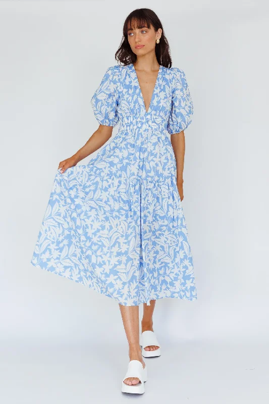 Summer Land V-Neckline Midi Dress Floral Blue Stylish Button-Up Midi Dress