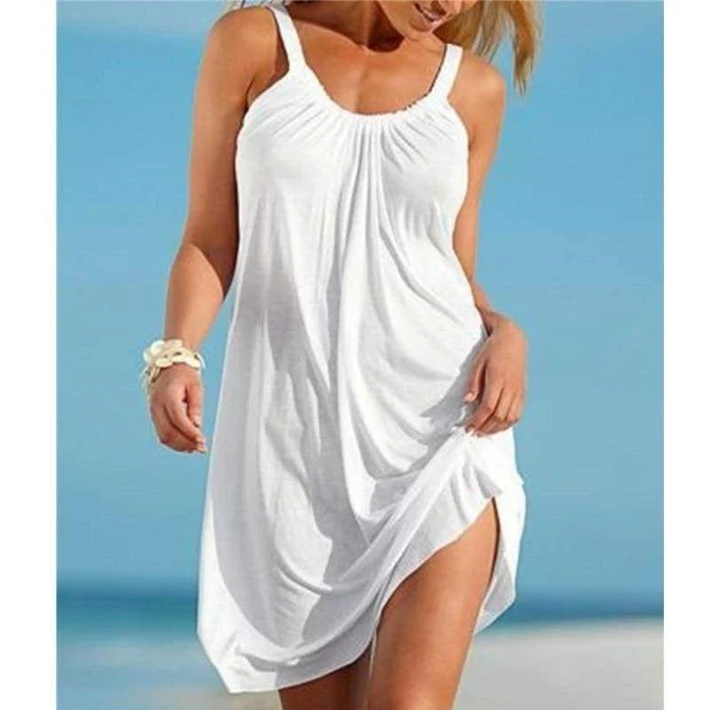 FashionSierra - Summer Women Beach Mini Sundress Ladies Sleeveless Short Mini Dress Holiday Party Solid Casual Dresses Classic Striped Mini Dress