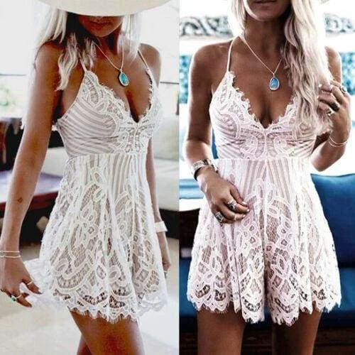 FashionSierra - Summer Women Lace Short Mini Dress Ladies Bodycon Sleeveless Summer Holiday Party Boho Beach Mini Dress Sundress Trendy Denim Mini Dress