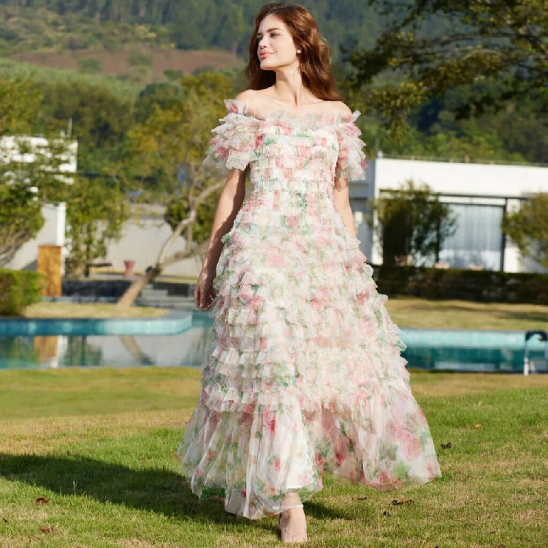 Sweet Floral Print Off Shoulder Short Sleeve Ruffle Tier Layered Tulle Maxi Dress Fashionable Printed Maxi Dress Sweet Floral Print Off Shoulder Short Sleeve Ruffle Tier Layered Tulle Maxi Dress Fashionable Printed Maxi Dress