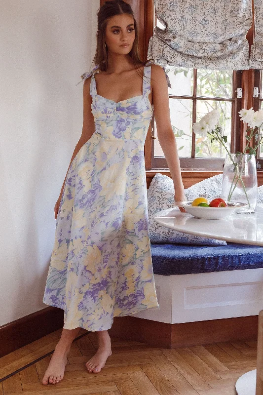 Sweet Pea Tied Shoulder Midi Dress Floral Purple Chic Floral Print Midi Dress