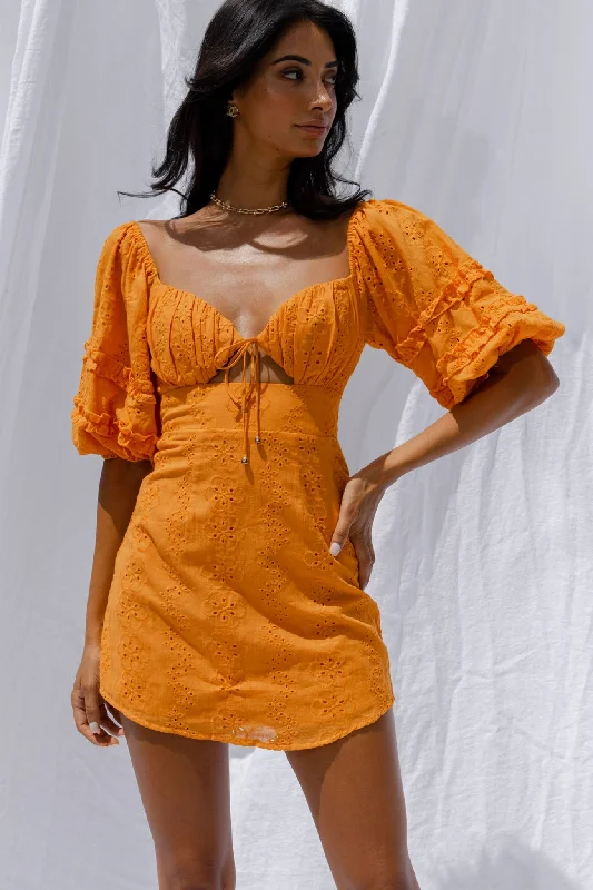 Sweet Romance Puff Sleeve Eyelet Mini Dress Sunset Fashionable Mini Dress with Frills