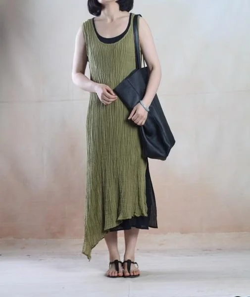 Tea green unique linen maxi dress Asymmetric casual linen dress Elegant Maxi Dress with Drapes