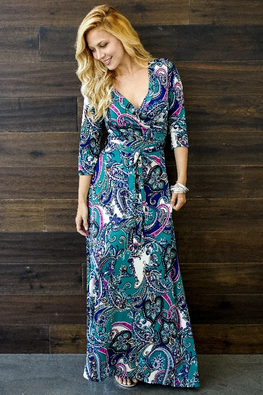 Teal Bohemian Draped 3/4 Sleeve Maxi Dress Stylish Empire Waist Maxi Dress