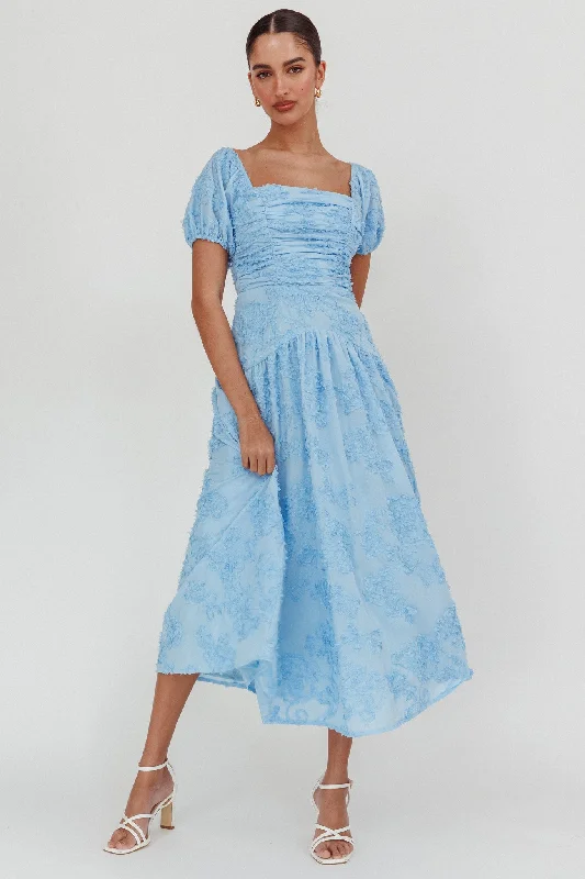 Telma Puff Sleeves Midi Dress Blue Comfortable Ruched Midi Dress