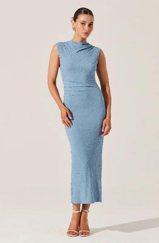 Textured Mock Neck Midi Dress Trendy Shift Midi Dress