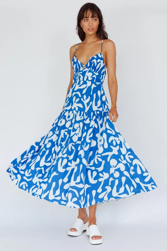 Tiffi Cami Strap Midi Dress Floral Blue Trendy Off-Shoulder Button Midi Dress