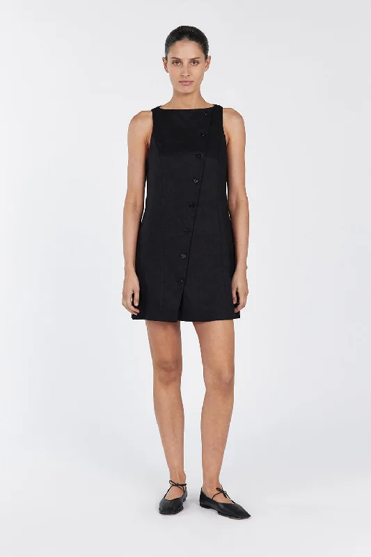 TOMMY BLACK LINEN MINI DRESS Fashionable Button-Front Mini Dress