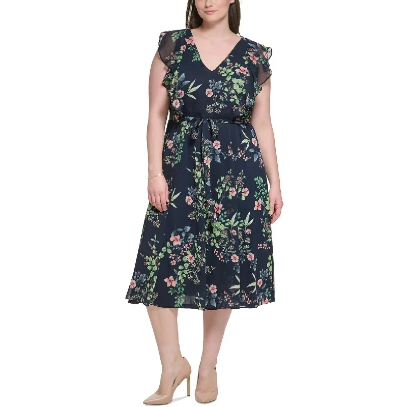 Tommy Hilfiger Womens Plus Floral Flutter Sleeves Midi Dress