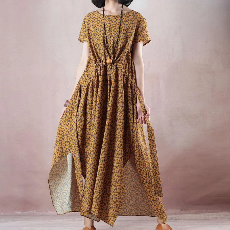 top quality yellow print natural linen dress plus size clothing O neck side open traveling clothing women short sleeve maxi dresses Comfortable Satin Maxi Dress top quality yellow print natural linen dress plus size clothing O neck side open traveling clothing women short sleeve maxi dresses Comfortable Satin Maxi Dress