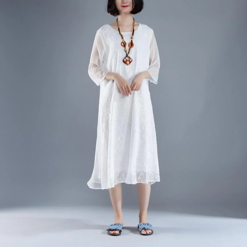 trendy summer maxi dress Elegant Summer Fake Two-piece Retro White Embroidery Dress Cozy Open-Back Maxi Dress