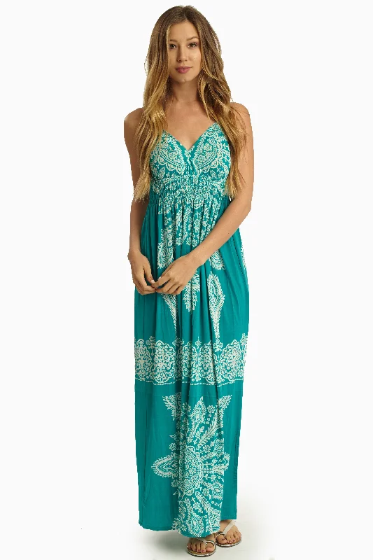 Turquoise White Printed Maxi Dress Elegant Floral Maxi Dress
