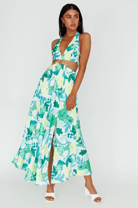 Tuscan Summers Cut-Out Midi Dress Floral Green Elegant Floral Midi Dress