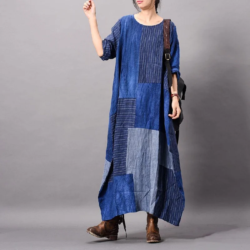 Unique O Neck Patchwork Linen Robes Fine Outfits Blue Maxi Dresses Spring (Limited Stock) Classic Black Maxi Dress