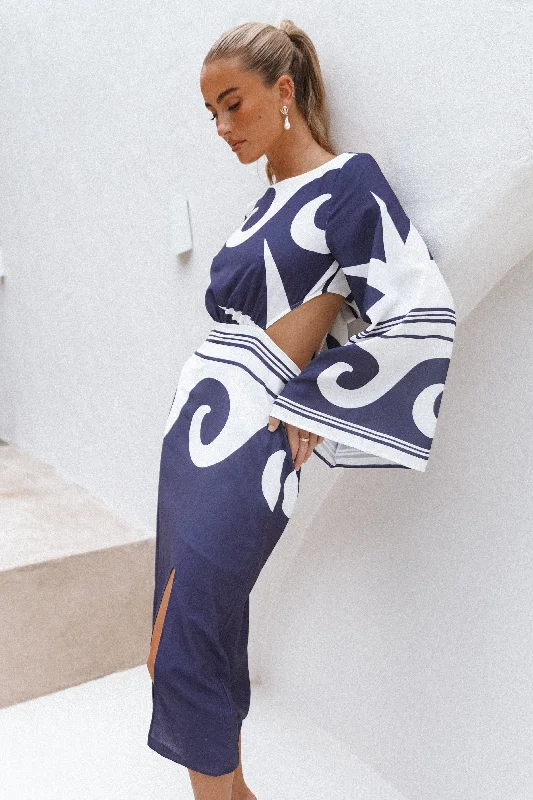 Vella Midi Dress - Navy/White Trendy Off-Shoulder Ruffle Midi Dress