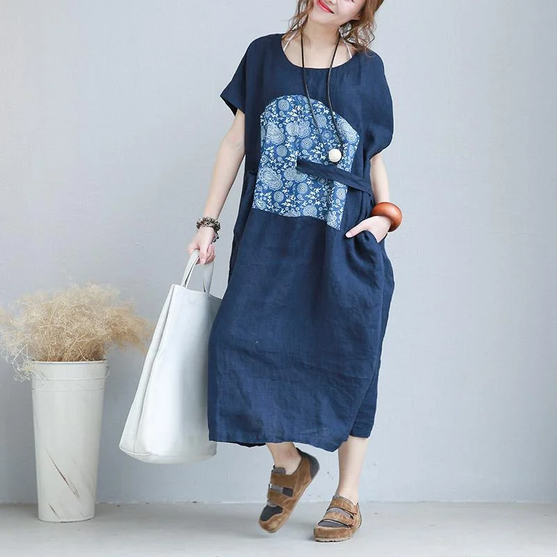 vintage blue long linen dresses Loose fitting O neck traveling clothing casual short sleeve print maxi dresses Comfortable Bohemian Maxi Dress vintage blue long linen dresses Loose fitting O neck traveling clothing casual short sleeve print maxi dresses Comfortable Bohemian Maxi Dress