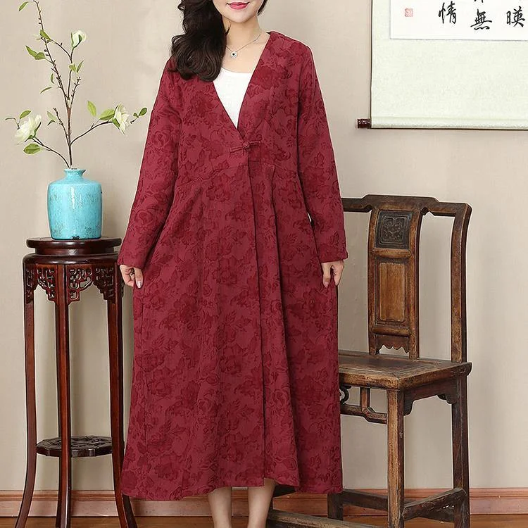 vintage burgundy long oversized v neck cotton linen clothing dresses casual wrinkled large hem maxi dresses Comfortable Maxi Dress with Slits vintage burgundy long oversized v neck cotton linen clothing dresses casual wrinkled large hem maxi dresses Comfortable Maxi Dress with Slits