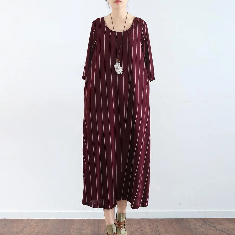vintage burgundy striped natural linen dress casual o neck gown vintage half sleeve maxi dresses Trendy Maxi Dress with Bow vintage burgundy striped natural linen dress casual o neck gown vintage half sleeve maxi dresses Trendy Maxi Dress with Bow