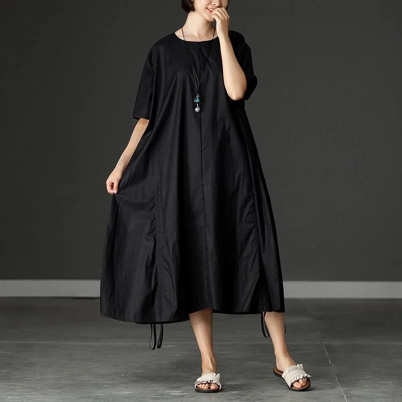 vintage cotton maxi dress plus size Pockets Summer Short Sleeve Black Loose Dress Fashionable Asymmetrical Maxi Dress