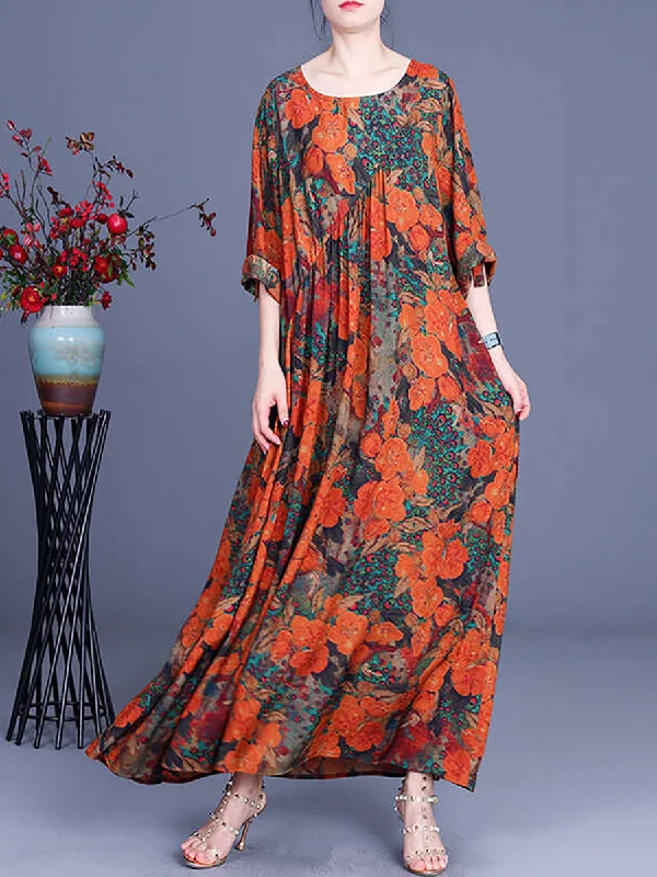 Vintage Floral Irregular Casual Maxi Dress Comfortable Maxi Dress with Belt