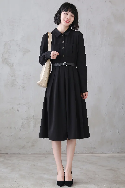 Vintage Inspired Black Shirtwaist Midi Dress 311301 Comfortable Lace-Up Midi Dress