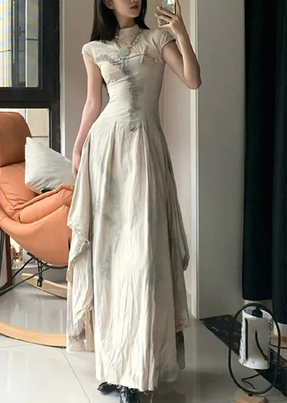Vintage Stand Collar Print Button Slim Maxi Dress Summer Fashionable Chiffon Maxi Dress Vintage Stand Collar Print Button Slim Maxi Dress Summer Fashionable Chiffon Maxi Dress
