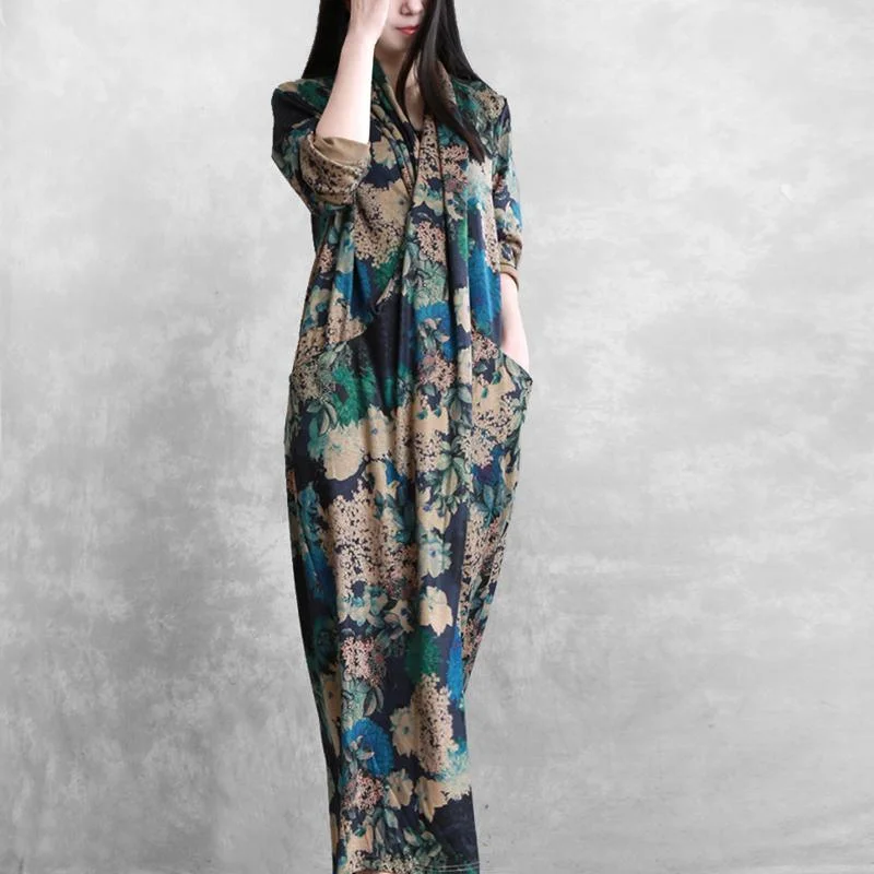 Vivid asymmetric pockets cotton Tunics design blue print Maxi Dress fall Cozy Ruffle Sleeve Maxi Dress Vivid asymmetric pockets cotton Tunics design blue print Maxi Dress fall Cozy Ruffle Sleeve Maxi Dress