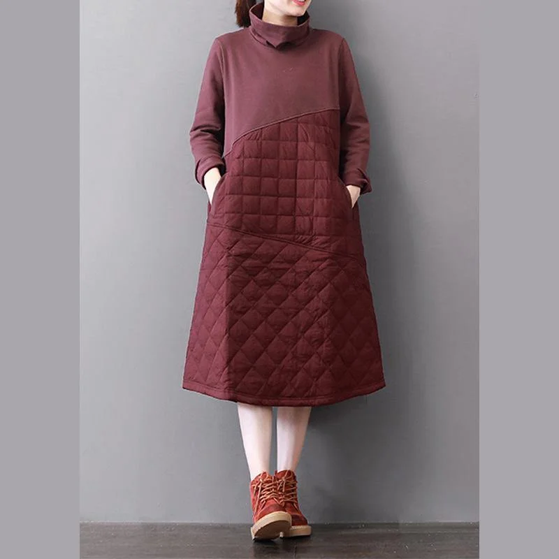 Vivid burgundy cotton clothes Women high neck patchwork Maxi Dresses Classic Solid Maxi Dress Vivid burgundy cotton clothes Women high neck patchwork Maxi Dresses Classic Solid Maxi Dress