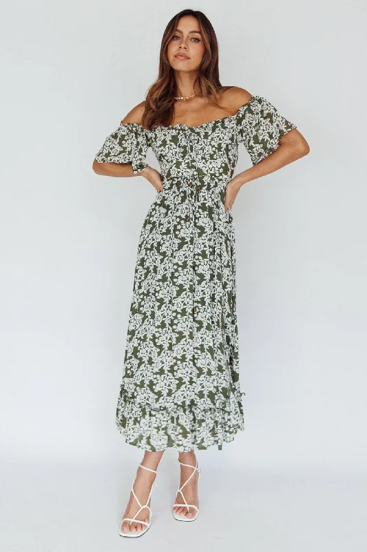 Voyager Off-Shoulder Bell Sleeve Midi Dress Floral Green Elegant Floral Appliqué Midi Dress